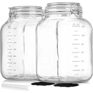 2 Pack 1 Gallon Square Super Wide-Mouth Glass Jars with Airtight Lids - Glass Storage Jars with 2 Measurement Mark - Canning Jars with Large Capacity, Sturdy For Canning, Overnight Oats, 4200 ML