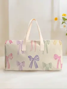 Large Capacity Corduroy Travel Duffle Bag Luggage Backpack, Bow Pattern Printed, Casual Yoga Fitness Handbag, Ideal for Short Trips Weekend Outing Daily Commute