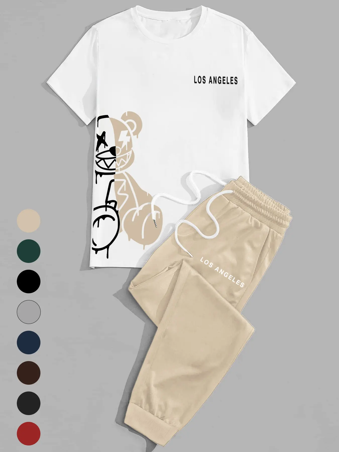 Men's Casual Streetwear Set, Trendy Graffiti Bear Print, Adjustable Drawstring Waist Pants, Comfortable & Stylish