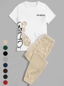 Men's Casual Streetwear Set, Trendy Graffiti Bear Print, Adjustable Drawstring Waist Pants, Comfortable & Stylish