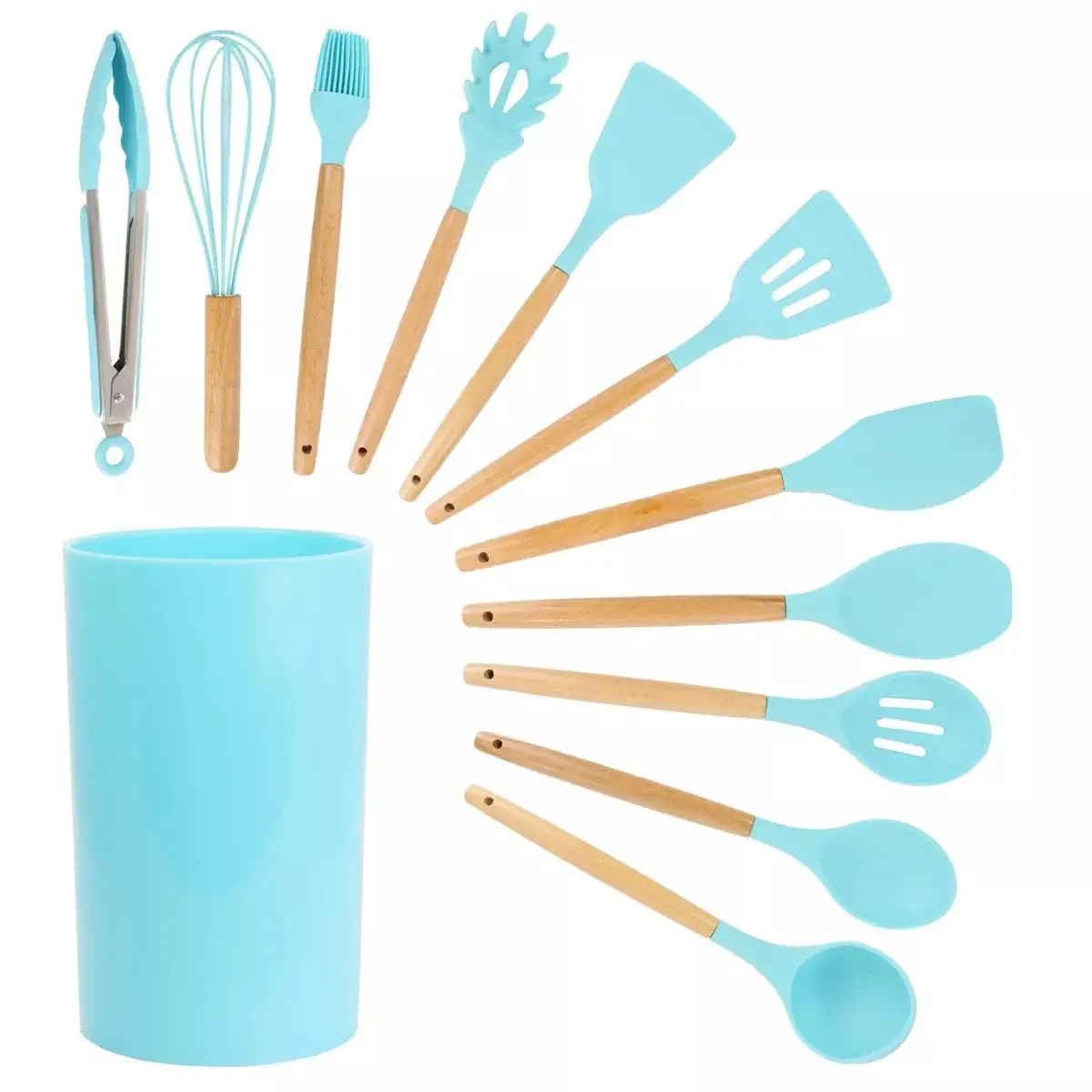 Megachef MGSP-560 Wooden & Silicone Kitchen Utensils Set - 12-Piece Light Teal Set with Whisk