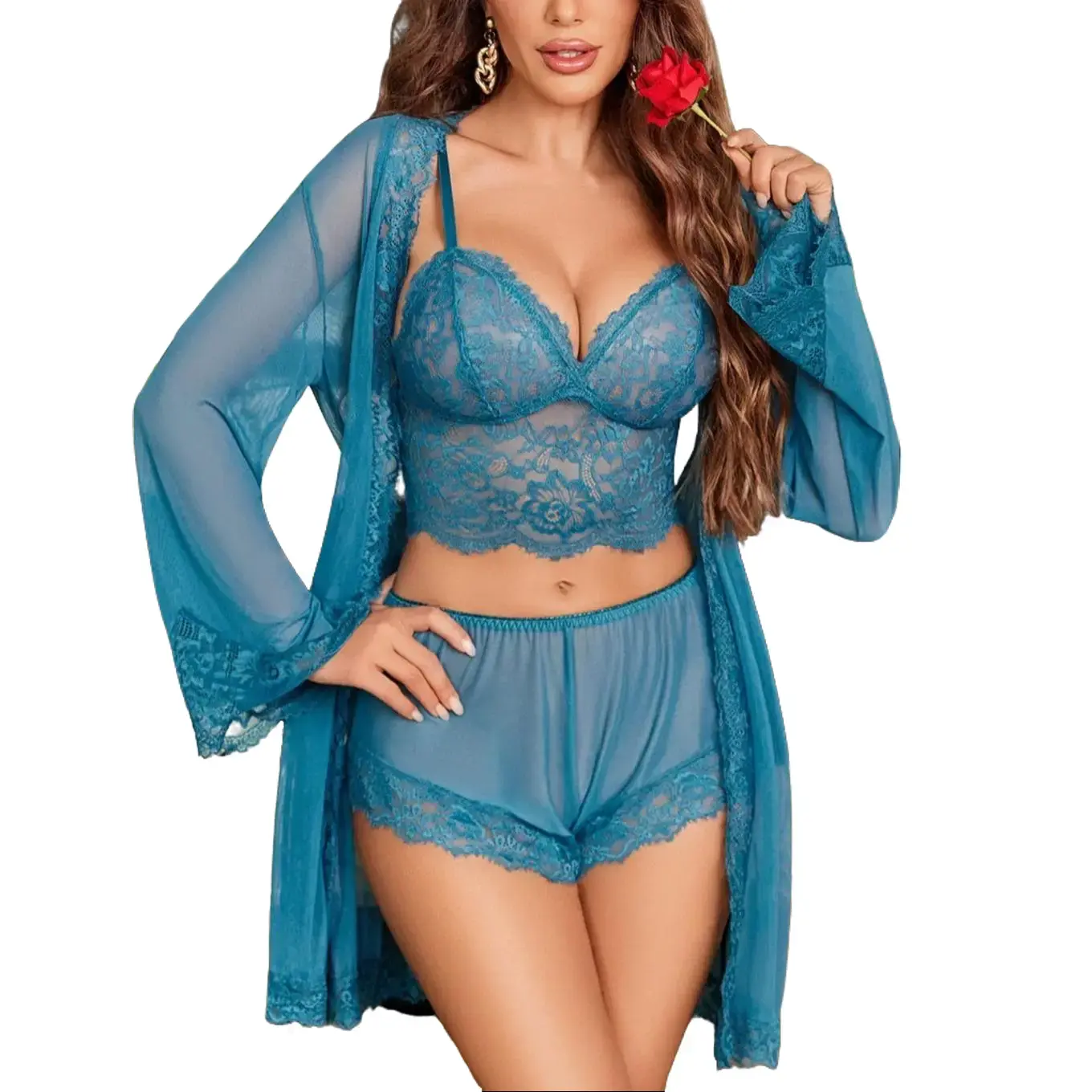 Avidlove Women Lingerie Set 3 Piece Lace Bralette and Panty Sets With Mesh Kimono Robe Sleepwear Exotic Nightgown