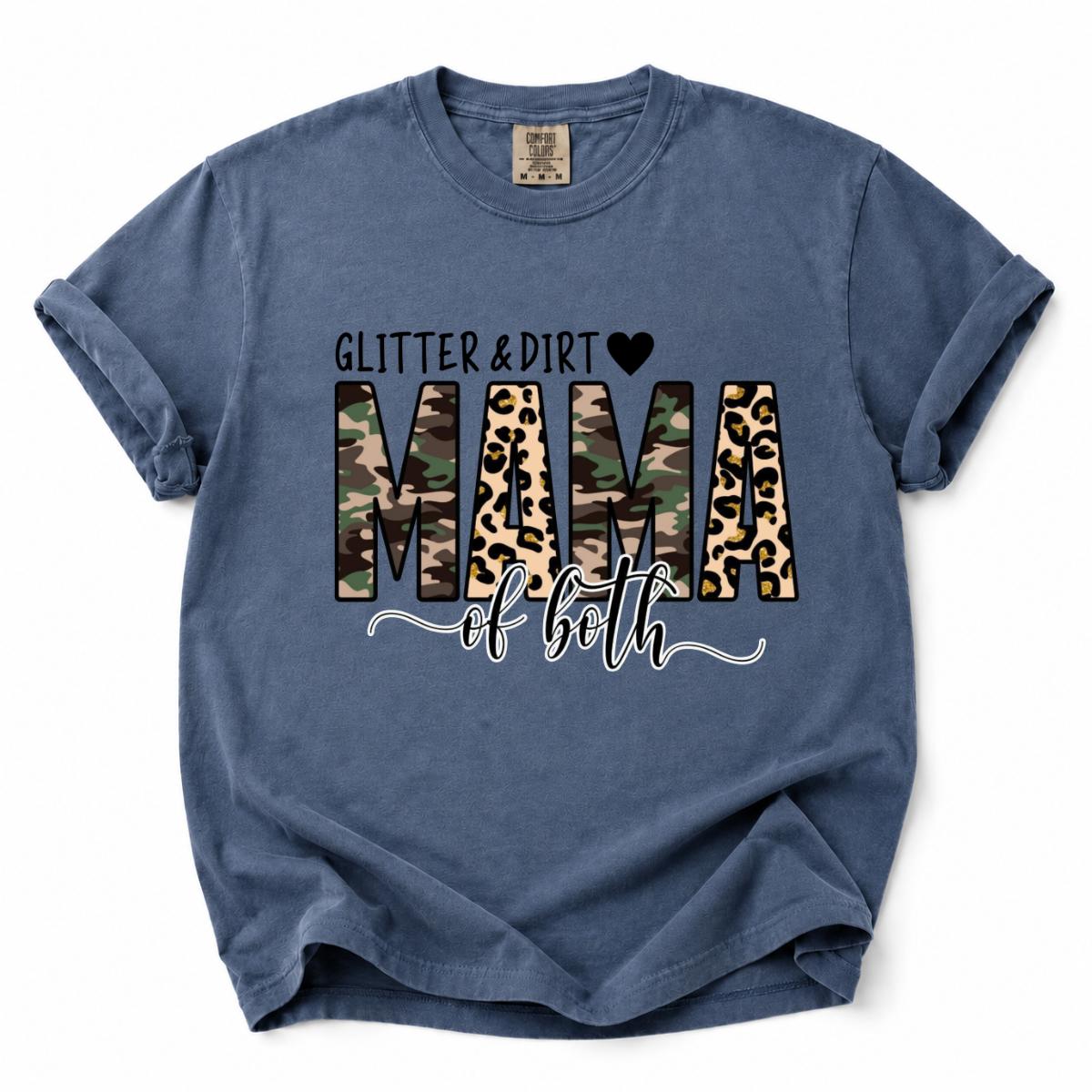 Boy Mom Girl Mom T-Shirt – Comfort Colors Glitter & Dirt Mama of Both Graphic, Camo and Leopard Print Design, Proud Mama Shirt, Mother’s Day Gift, Women’s Casual Tops