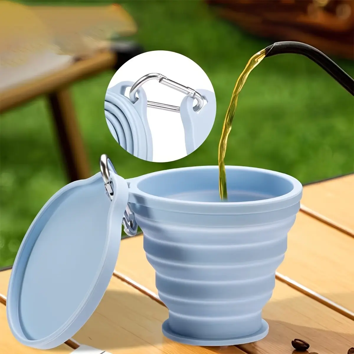 Foldable Silicone Water Cup, Travel Portable Mouthwash Cup with Lid, Heat-Resistant Tea Cup, Backpack Hook Design, Ideal for Camping, Outdoor Activities