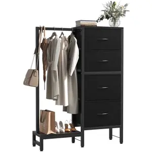 4-in-1 Multi-Functional Storage Tower with Hanging Rack, Clothes Rack, Shoe Shelf and Bag Hook, Fabric Drawer Organizer Unit with Reinforced Metal Frame, Space-Saving for Bedroom Entryway Living Room