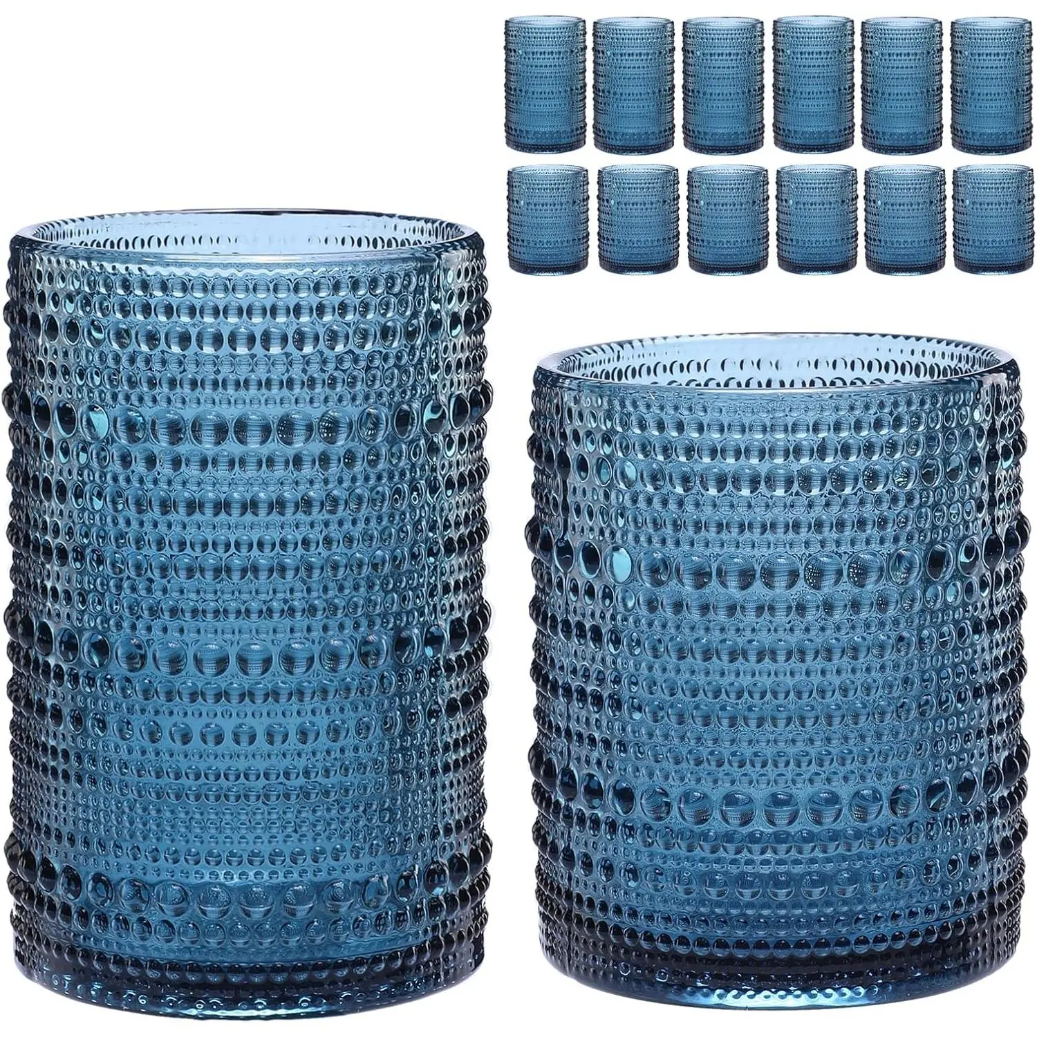 12-Piece Embossed Glassware Set - Blue 12oz & 15oz Hobnail Glass Drinking Cups, Everyday Tumbler Glasses for Party Drinks, Includes 1 Cleaning Brush (Drinkware Must Haves)