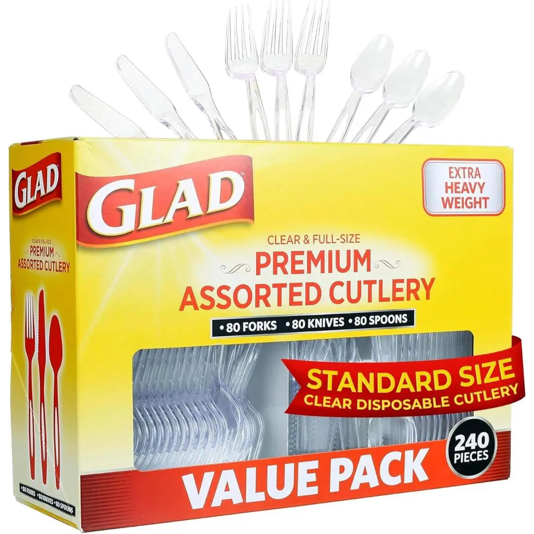 Glad Disposable Cutlery Set - Clear Heavy Duty Plastic Forks, Knives, and Spoons - 240 Piece Plasticware for Parties - Durable, Sturdy Recyclable Utensils - Great for July 4th, Thanksgiving, Christmas
