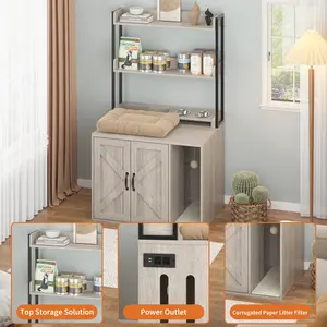 Garvee 55"H Wooden Cat Litter Box Enclosure with 2 Storage Shelves and Charging Sockets, Large Indoor Cabinet for Living Room or Entryway, Available in Light Grey & White and Rustic Brown