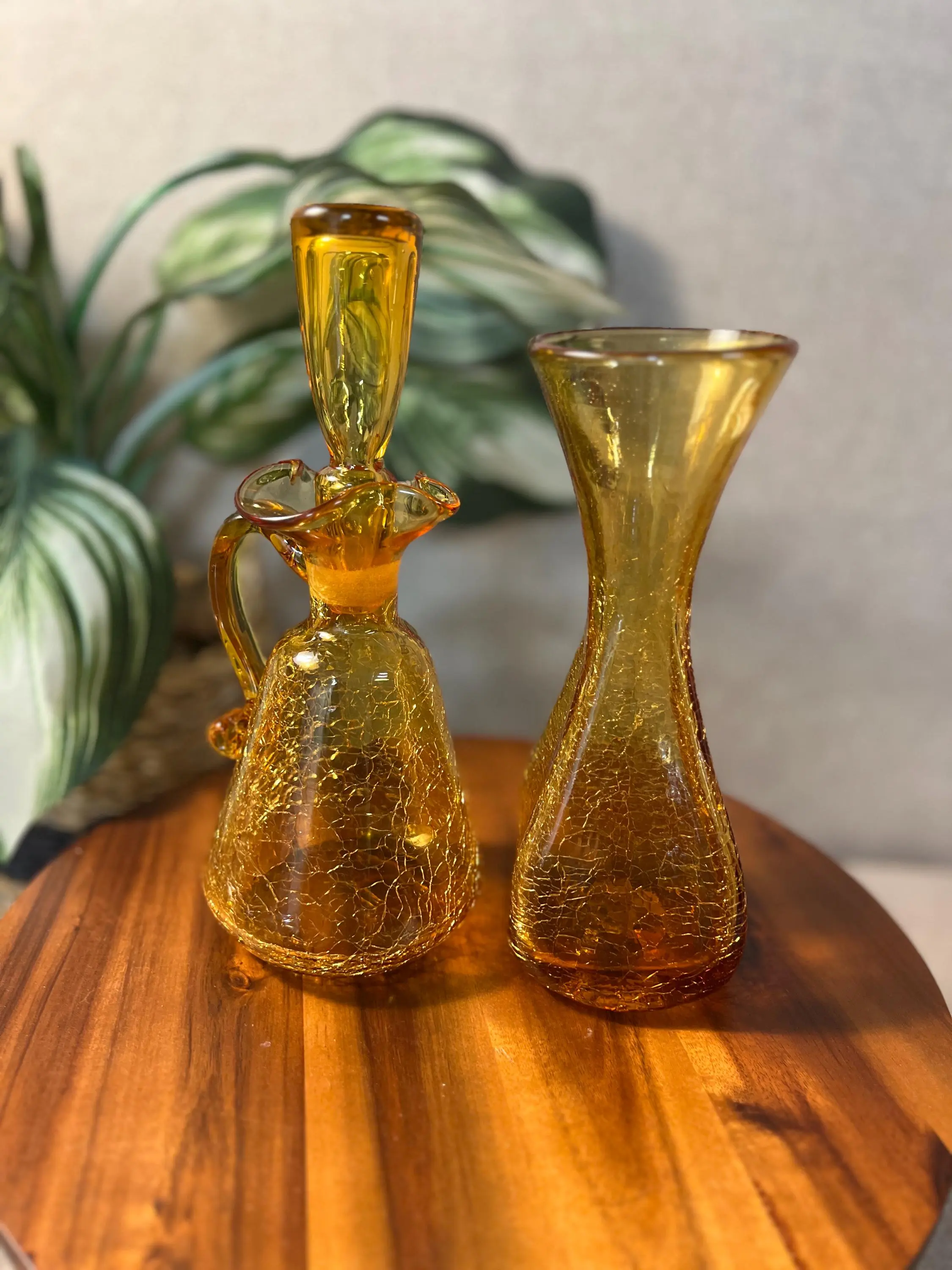 Vintage 2-Piece Set - Amber Glass Ruffled Crackled Finish Pitcher Decanter with Possibly Non-Matching Stopper and Crackled Finish Vase (Rainbow or Pilgrim), Two Piece Set