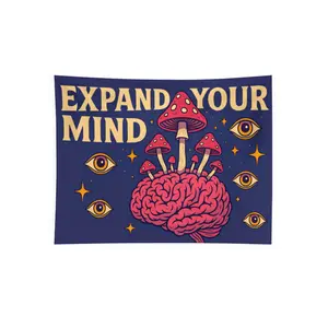 Expand Your Mind Tapestry with Psychedelic Brain and Mushrooms, Trippy Wall Art with Eyes and Stars for Boho Dorm or Meditation Room