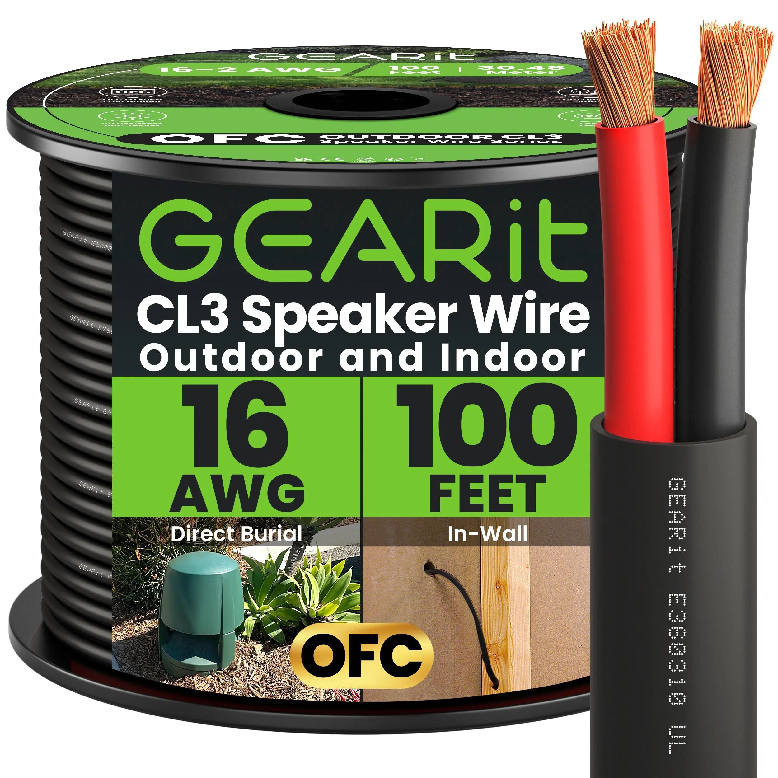 GEARit 16 AWG Direct Burial Outdoor Speaker Wire Extension Cord- CL3 Rated - Oxygen Free Copper (OFC), Cable for Amplifier, Black