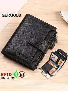 RFID Blocking Genuine Leather Durable Bifold Wallet, Multi-Functional Card Holder, Large Capacity Zipper Money Clip, Independent ID Pocket, Birthday Gift