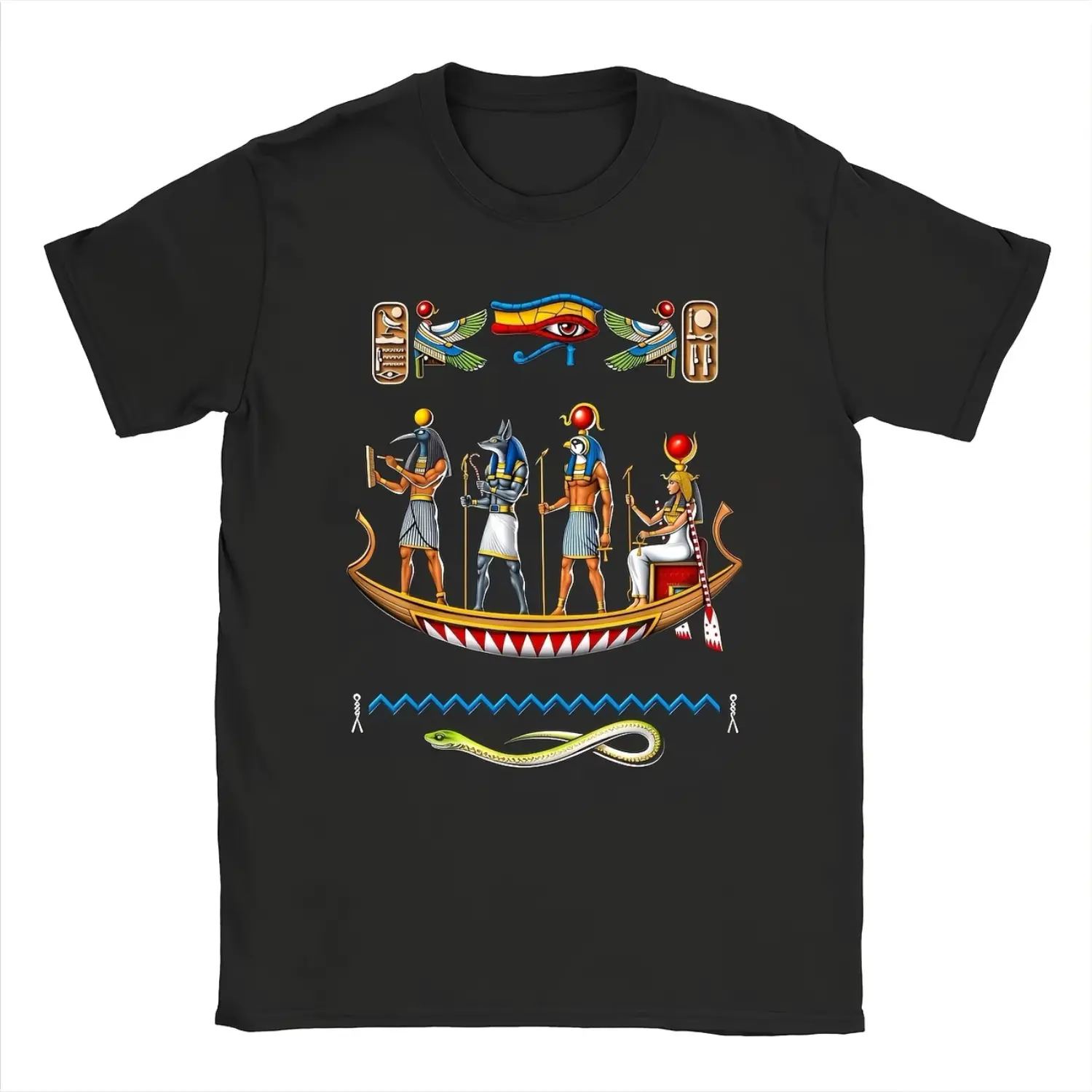 Ancient Egyptian Mythology Anubis & Horus Eye Pattern Shirt - Unisex Regular Fit, Anti-Shrink, Casual Street Style, Short Sleeve Crew Neck, 230g, Comfortable & Machine Washable