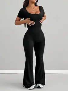 Women's Square Neck Short Sleeve Jumpsuit, Elastic Waist, Retro Sporty Style, Daily Commute, Fitness, Workout Jumpsuit, Streetwear, Sweet Cool Casual, Sports Jumpsuit, Activewear Jumpsuit, Athletic Jumpsuit