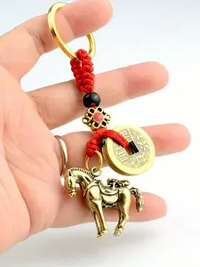 Vintage Chinese Lucky Charm Keychain, Fashionable Alloy Keychain - Horse & Coin Design With Red & Golden Braided Cord, Zinc Alloy & Copper Alloy, Ideal For Car Keys & Bags, Chinese New Year Fortune Stylish Keychain Pendant