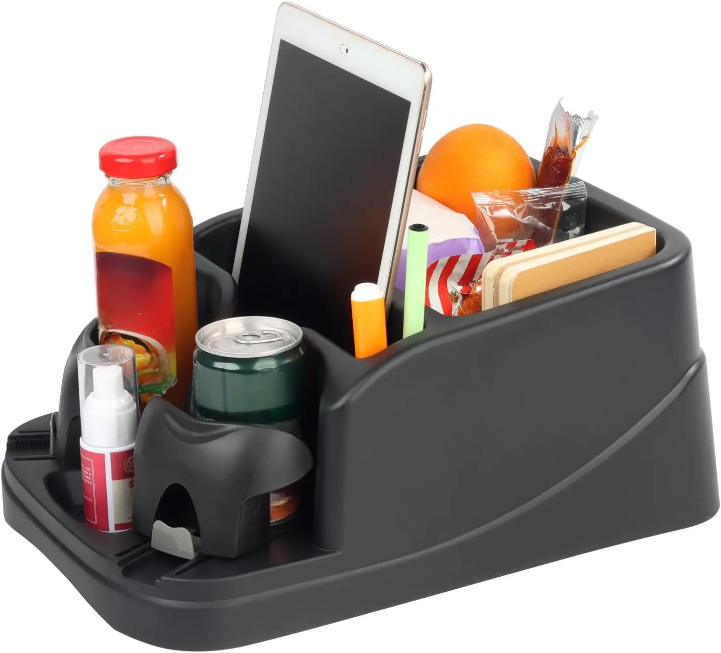 Universal Car Storage Organizer - Truck Seat Organizer Stowing & Tidying, SUV/Minivan Ready, Car Interior Accessory with 2 Adjustable Cupholders and Seatbelt Secure Hold