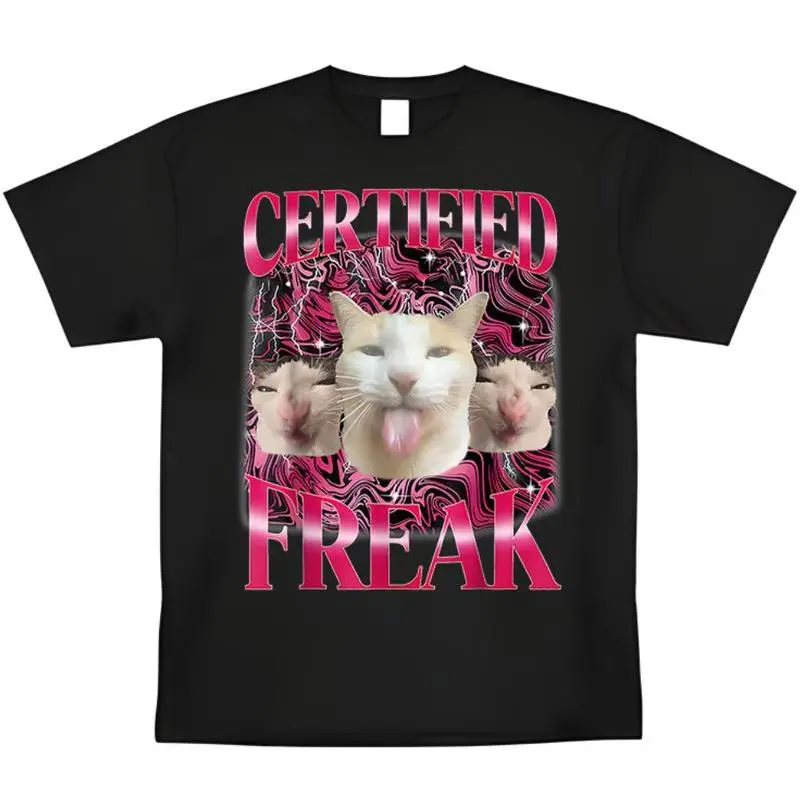 Oversized Streetwear T-Shirt for Women & Men, Funny 'Certified Freak' Cat Graphic, Shortsleeve Cotton Fashion Top