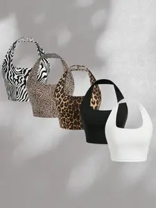 Women's Halter Neck Short Top Set of 5, Leopard Print Zebra Pattern Solid Color Slim Fit Sleeveless Tank Tops, Fashionable and Stylish Clothing