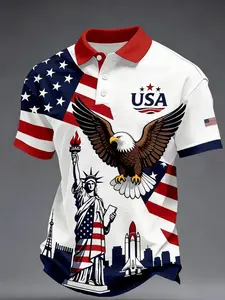 Summer Gift for Men, Usa Flag Eagle Liberty Statue Print, Short Sleeve, Casual Patriotic Shirt, All Seasons
