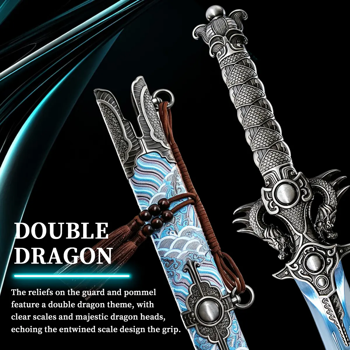 Double Dragon Handcrafted Chinese Sword - 1060 FullTang Hand-Forged, Heat Treatment, Blue Blade withUnique Engraving, Exquisite Double Dragon Handle, FullTang Tang Dynasty Craftsmanship, Deluxe Sword Sheath,The best gift