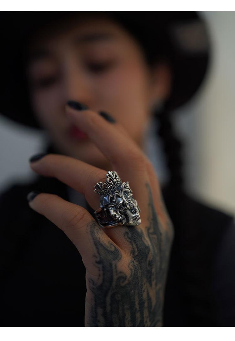 Vintage Gothic Dual Face Crown Open Ring Human Duality Aesthetic Silver Jewelry