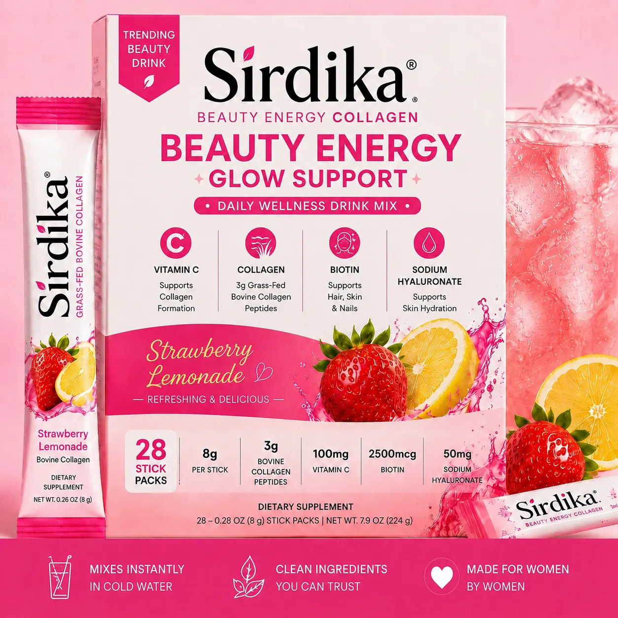 Sirdika Beauty Energy Collagen Powder for Women, Grass-Fed Bovine Collagen Peptides with Biotin, Vitamin C & Hyaluronic Acid, Hair Skin & Nails Support, Strawberry Lemonade, 28 Stick Packs