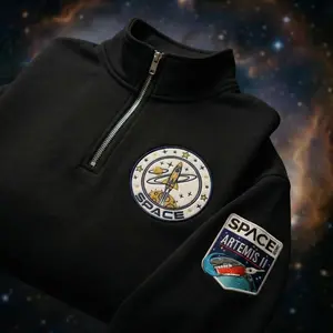 Artemis II Mission Embroidered Quarter Zip Sweatshirt, Space Enthusiast Pullover Sweater, Rocket Launch Special Gift For Space Lover