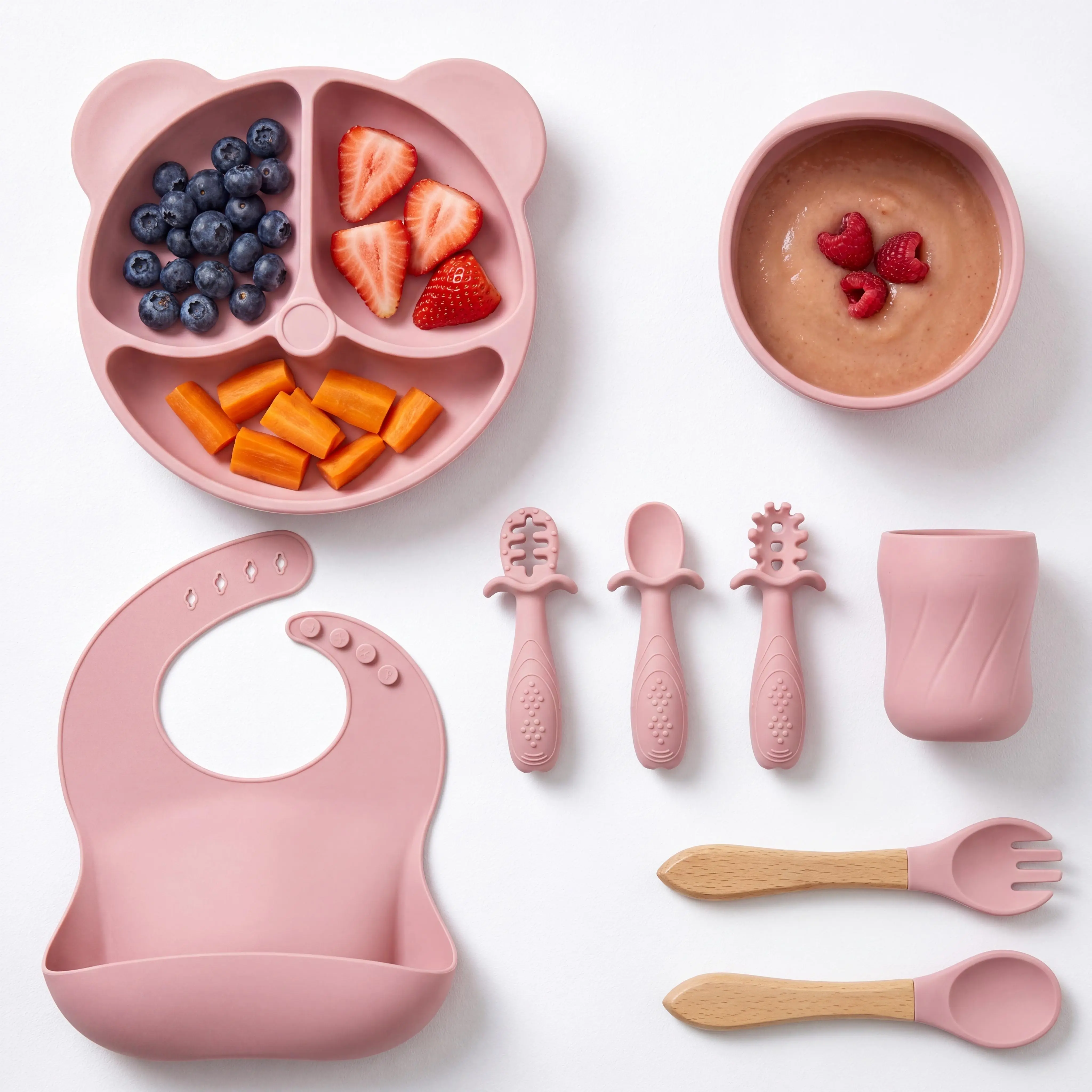 Bear Design Silicone Feeding Set (9PCS), Baby Plate & SnailBowl & Bib & Training Spoons (3PCS) & Fork Spoon Set &Curvy Straw Cup, Baby Dinnerware Set