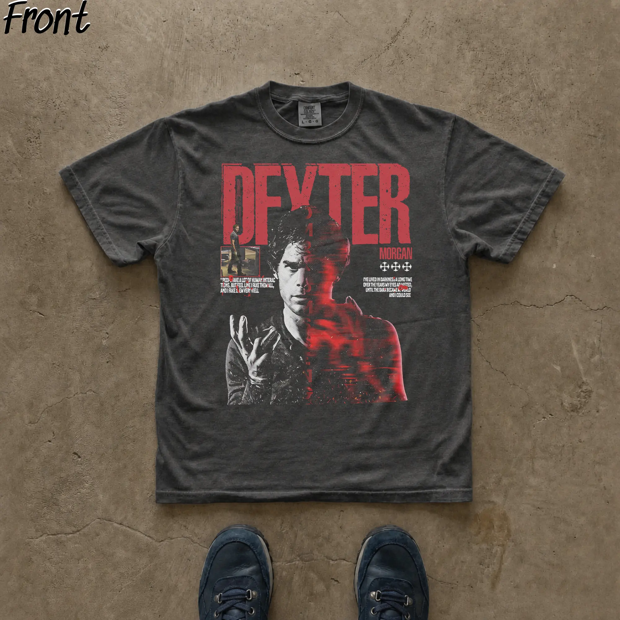 Gildan Men's Retro Fitted Printed Cute Dexter Morgan Graphic Cotton T-Shirt - Short-Sleeve Round Neck, Minimalistic Casual Streetwear, TV Show Iconic Scenes Top (All Seasons Wear), Minimalistic Fit, Dexter Print, Digital Print