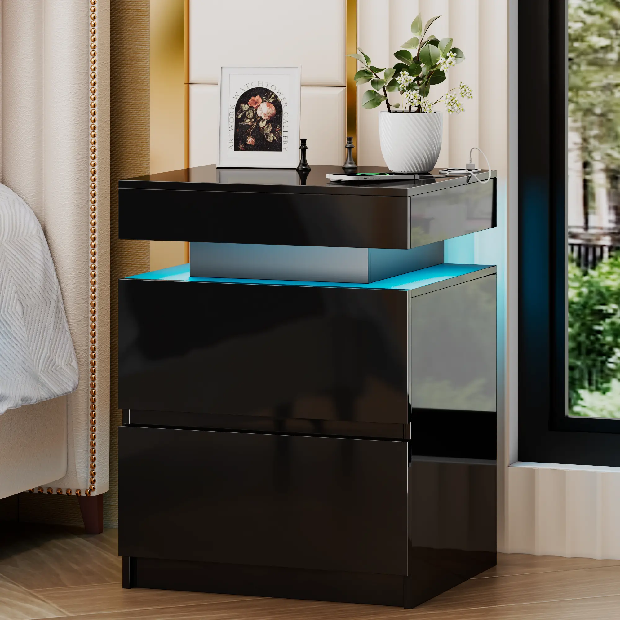 [Summer Sale] Miuvanity Nightstand Gun Drawer with USB & Type-C Port Automatic Sensor LED Light Modern Design for Office & Bedroom Storage Includes Charging Station Stylish Bedside Table