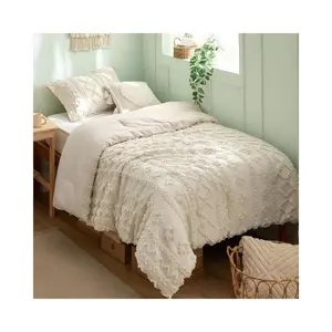 Tufted Boho Comforter Set Twin Size - Beige Boho Bed Set, 2 Pieces Farmhouse Shabby Chic Embroidery Bedding, Gifts for Woman, Soft Jacquard Twin Comforter for All Seasons
