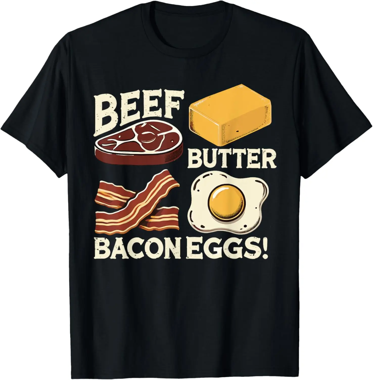 Women's Casual Short-Sleeve Crew Neck Distressed Graphic Streetwear T-Shirt - Carnivore Diet Enthusiasts, Large, Cute Vintage Funny Playful Top with Beef, Butter, Bacon, Eggs, Keto Meat Themes