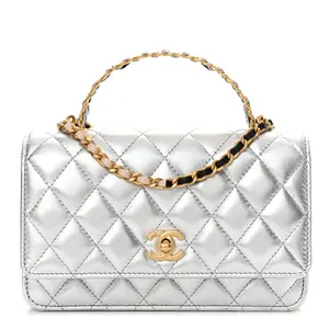 Pre-owned CHANEL Calfskin Crossbody Bags Metallic Quilted Top Handle Wallet on Chain WOC Silver 26040010 05 molly