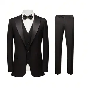 Three-Piece Black Slim Fit Solid Color Peaked Lapel Tuxedo Jacket Blazer for Formal Occasions Such As Parties Proms and Weddings