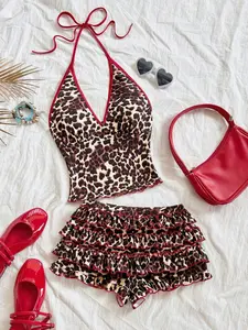 Women's Sexy Leopard Print Halter Top And Shorts 2 Pieces Set, Summer,Women's Summer Set,