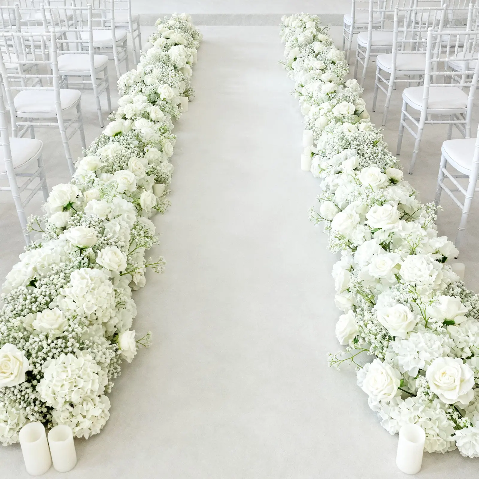 1-Piece Pre-Arranged Silk Floral Mix Table Runner - 40x16in, White Roses, Hydrangeas & Baby's Breath Flowers for Wedding Table, Event Decor, One-Piece