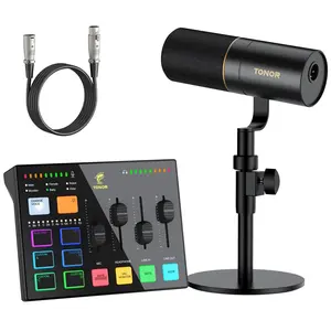 TONOR Podcast Equipment Bundle, Gaming Audio Interface & XLR Dynamic Microphone Set with RGB USB Mixer for Streaming and Content Creation