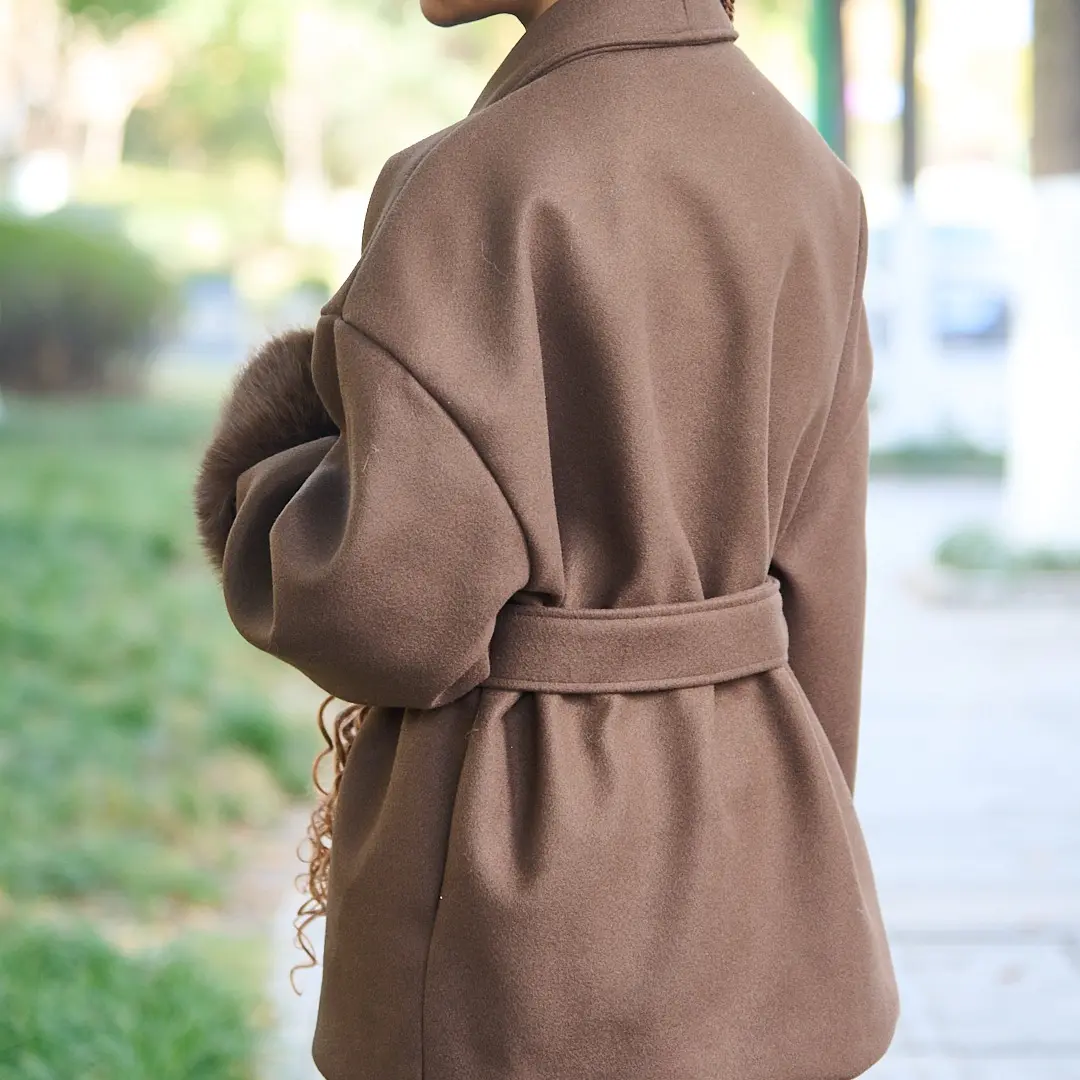 Double-Face Wool Coat Elegant Solid Color Waist Tie Comfy Knitting Plush Long Sleeve Thermal Wrap Coat, Lady's Basic Style Winter Open-Front Lightweight Versatile Outerwear, Elegance, Piece, Casual, Longsleeves, Fit