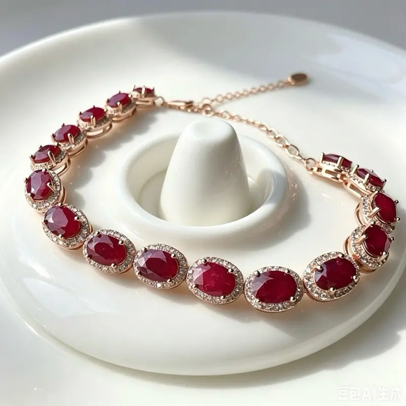<PingEast jewelry > Ruby bracelet 03--925 Sterling Silver Rose Gold Bracelet with 16 Natural 4×6mm Burmese Rubies, 18cm + 5cm Extension, with Certificate