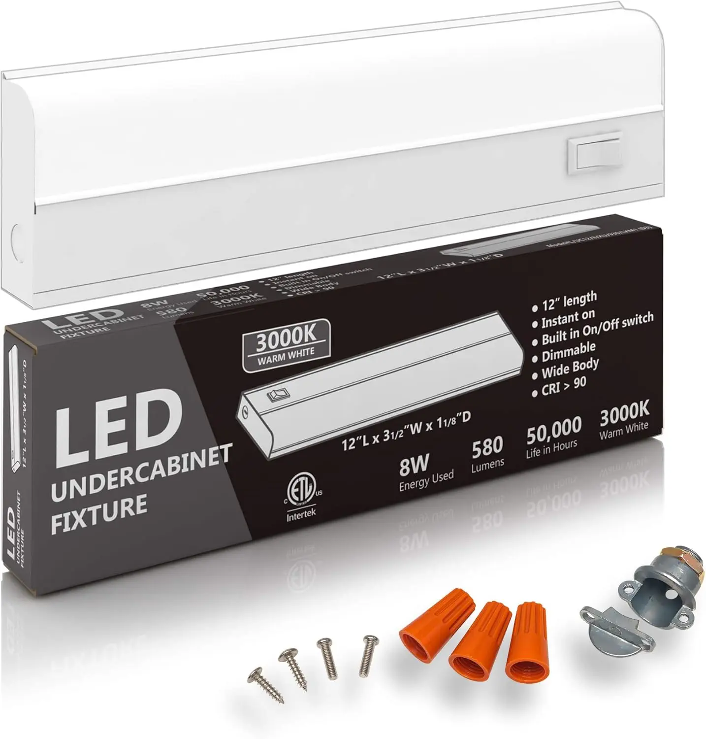 Hardwired LED Under Cabinet Lighting - 8 Watt, 12", Dimmable, CRI>90, 3000K (Warm White), Under Cabinet Lights for Kitchen Wide Body, Long Lasting Metal Base with Frost Lens - Under Counter Lights