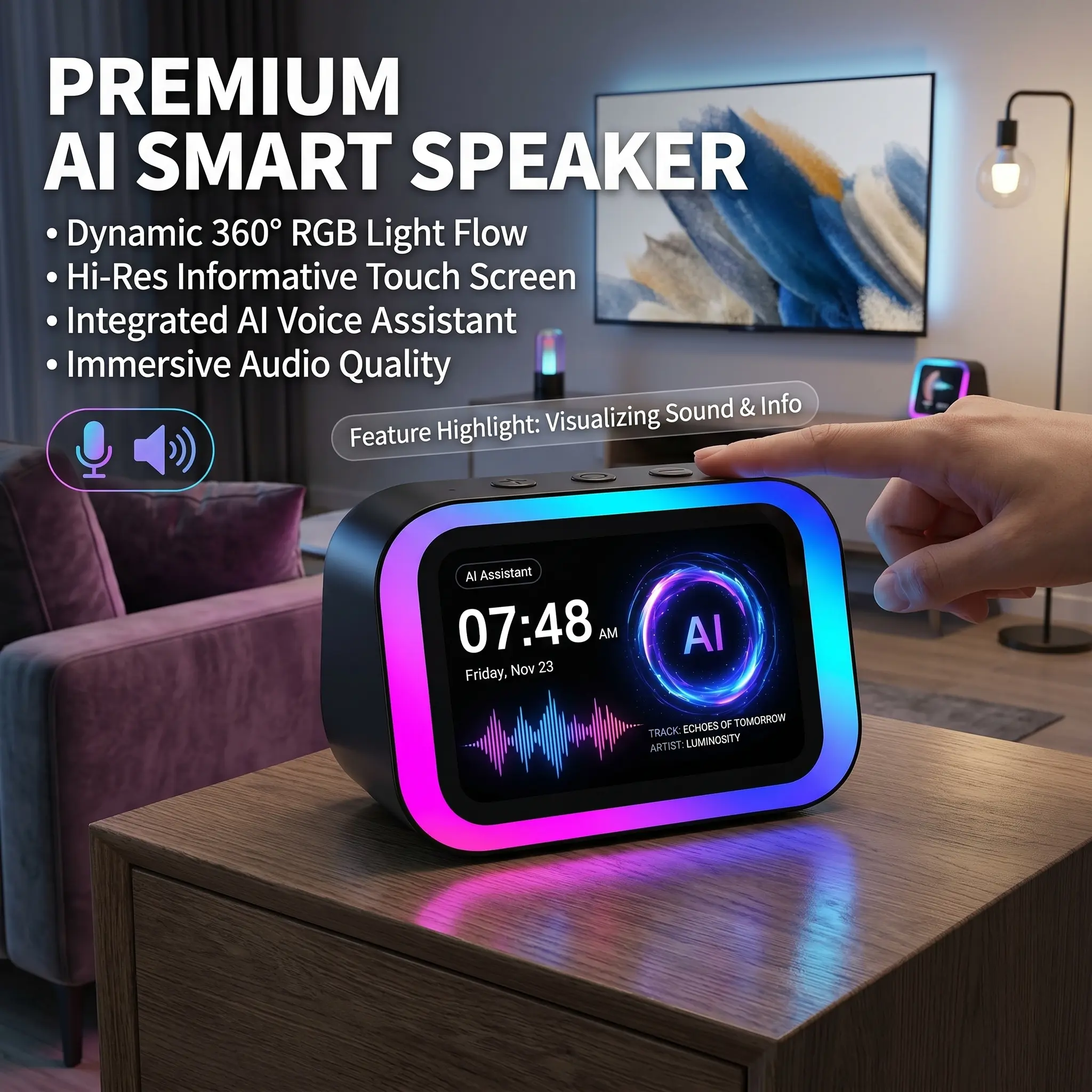 White Multifunctional Digital Alarm Clock with Large Smart Display Screen, Built-in Voice Assistant & Real-Time Weather Forecast Display, Minimalist Aesthetic Stylish Desktop Clock for Bedroom, Home & Office Daily Use