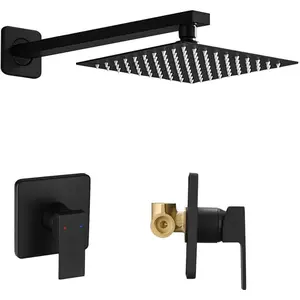 Matte Black Shower Faucet Set Single Function Shower Trim Kit with Rough-in Valve Square Rain Shower Head System Included Extra Long Shower Arm for Bathroom