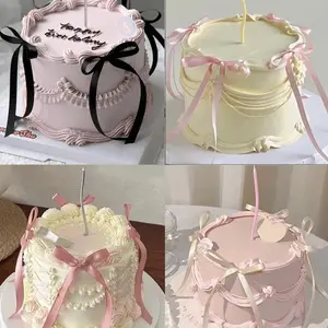 Silk Ribbon Bow Cake Decoration Set, Graduation Wedding Birthday Party Table Decor, Ballet Theme Bow Silk Ribbon Cake Topper