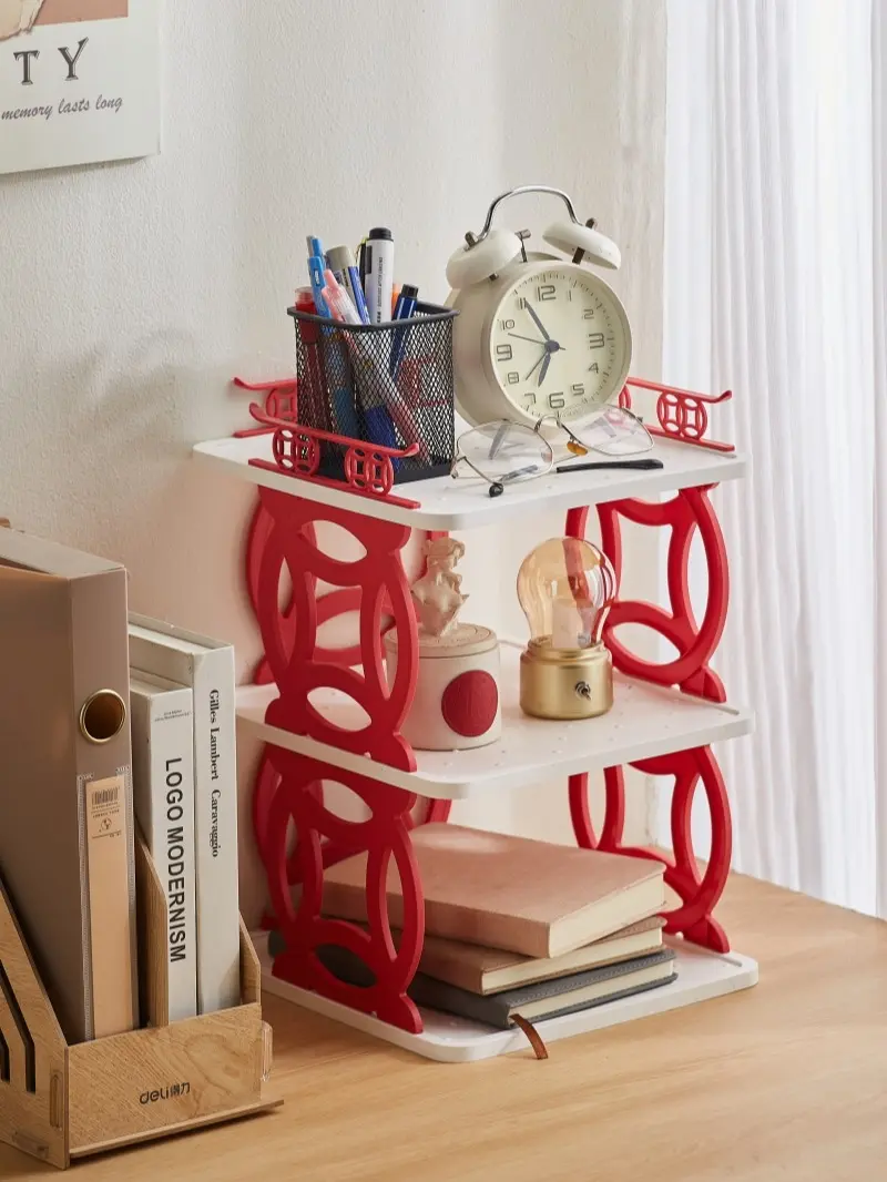 3/4-Tier Space-Saving Desk Organizer Shelf - Cute Red-White Desk Accessory Holder Rack, Rack Stand for Dorms, Stationery, Books