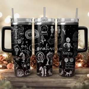 Coraline 20oz - 40oz Tumbler Stainless Steel with Straw, Double Wall Insulated, With Handle – Epic Cartoon Movies Series Design, Perfect Gift for Fans