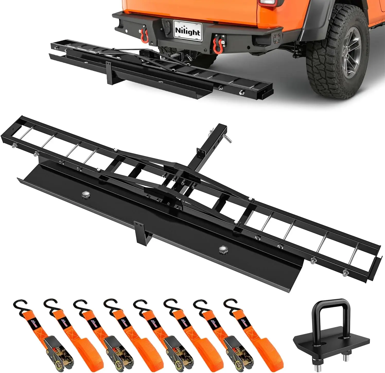 Nilight Heavy Duty Steel Frame Hitch Mount Motorcycle Carrier (600lbs Cap.) for 2" Receiver Vehicles, Car Exterior Accessories, Auto Parts Accessories, with 55.11" Longer Ramp, Pin, Secure Tie-Downs, Tightener, 5" Wide Tire Compatibility, Car Accessories