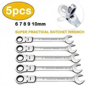 5 Piece Ratchet Wrench Set Adjustable Carbon Steel Multifunctional Mechanical Operation for Auto Motorcycle Home Repair Dual Purpose 2-In-1 Kit Silver