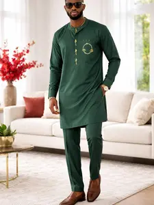 Men’s Emerald Green Senator Set – Long Sleeve African Traditional Wear with Gold Embroidery