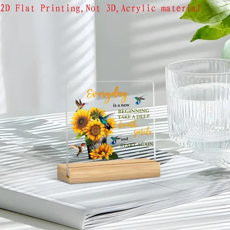 12×13cm Nature Theme Acrylic Table Sign with Wooden Stand - "Everyday Is A New Beginning" Self-Care Quote Slogan Plaque, Thanksgiving Desk Display Decor Gift, Bedroom Office Ornament, Slogan Desktop Decoration Signs
