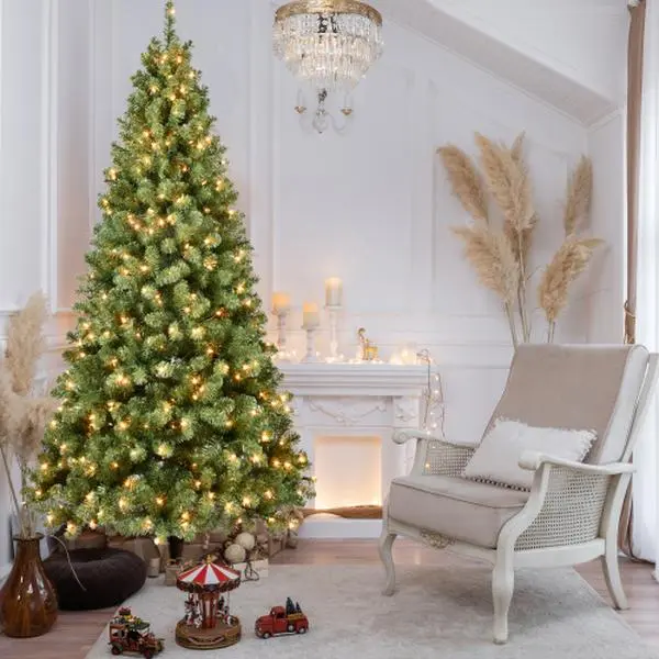 7ft Pre-Lit Artificial Christmas Tree with Auto-Unfold Memory Wire & Hinged Branches for Instant Setup, Warm Lights & Full Realistic Look for Holiday Decor